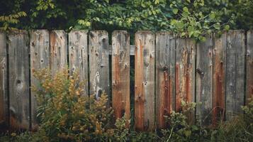 A wooden fence with a few green plants growing out of it photo