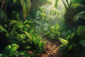 A lush jungle with a path through it photo