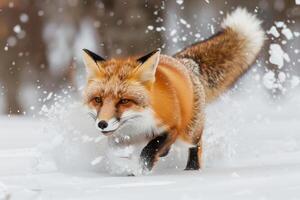 A fox is running through the snow, leaving a trail of paw prints behind it photo