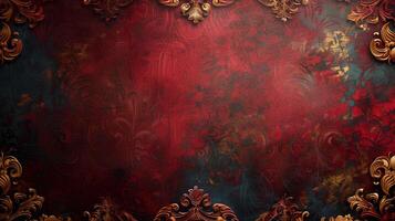 An ornate red and gold background with a gold frame photo