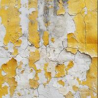 The textured surface of a wall displays significant peeling and cracking, showcasing a blend of yellow and white colors. This urban decay highlights the passage of time photo
