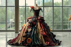 The striking gown features elaborate floral embellishments and rich colors, standing elegantly on a mannequin in a brightly lit space with windows photo