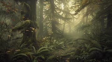 Dense trees and ferns create a tranquil atmosphere in a misty forest at dusk, showcasing the natural beauty of the Pacific Northwest wilderness photo
