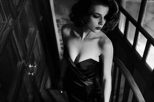 A woman in an elegant black dress stands gracefully on a staircase, her soft features illuminated by the warm glow of the hallway lights, creating a captivating atmosphere photo
