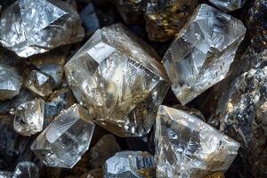 Crystals sparkled in natural light, revealing their unique formations and textures while resting amid dark stones, showcasing nature's beauty and complexity photo