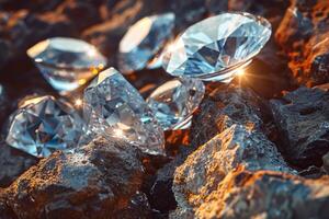 Brilliant diamonds catch the light as they rest beside rugged rocks, creating a stunning contrast of elegance and raw nature in an outdoor environment photo