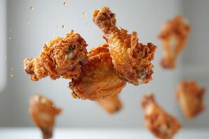 Several crispy fried chicken drumsticks are suspended mid-air, showcasing their golden-brown texture against a soft, blurred background while hinting at a lively cooking environment photo