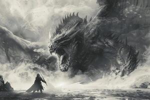 The scene captures a fierce battle as a lone warrior faces a massive dragon amidst swirling mist and rugged terrain. The tension builds in this mythical showdown photo
