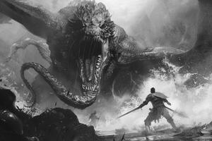 A warrior stands ready with sword drawn to fight a colossal dragon, showcasing the intensity of an epic confrontation in a chaotic, dark environment photo