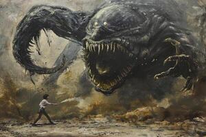 A young boy stands bravely before a monstrous creature with fierce eyes and sharp teeth, surrounded by swirling darkness and an ominous atmosphere at twilight photo