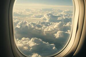 Soft clouds stretch across the sky as sunlight begins to rise, illuminating the fluffy textures seen through the airplane window during flight photo