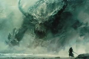 A warrior stands boldly before a massive dragon, shrouded in mist, as the sun sets behind rugged peaks, creating an intense atmosphere of confrontation photo