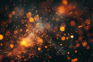 A captivating array of bright orange sparks and glowing bokeh lights fills the dark background, showcasing a stunning abstract pattern reminiscent of celebration or warmth photo