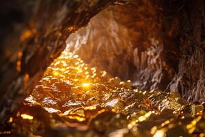 Inside a rocky cave, golden treasures sparkle as natural light filters through, creating a breathtaking display of shimmering beauty and allure photo