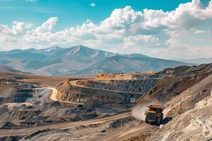A heavy mining truck travels along a mountainous path, kicking up dust as it maneuvers through the rugged terrain. The landscape features expansive earthworks and distant mountains photo