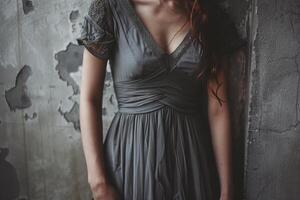 A young woman stands against a rough concrete wall, showcasing her gray dress with subtle details. The soft lighting highlights her features and the texture around her photo