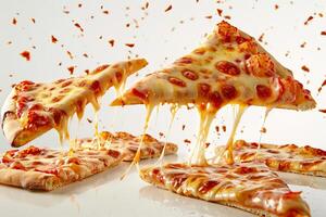 Slices of pepperoni pizza are displayed with gooey melted cheese stretching between them, appealing to pizza lovers and food enthusiasts everywhere photo