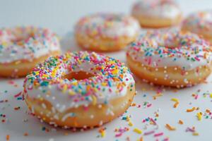A delightful display of donuts topped with white icing and colorful sprinkles sits on a clean white surface, inviting a sweet indulgence during any celebration or snack time photo