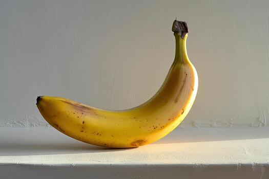 A ripe yellow banana sits on a smooth surface, casting a gentle shadow as natural light softly illuminates it from the side, creating a serene atmosphere photo
