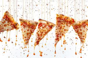 Five slices of cheesy pizza hang in mid-air, with sauce dripping down them, creating a playful, appetizing visual against a plain white backdrop photo