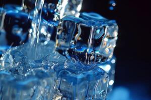 Water streams beautifully over ice cubes, reflecting light in a vibrant display. This captivating scene showcases the contrast between the cool ice and flowing water photo