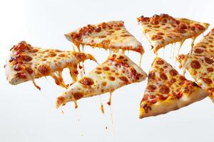 A variety of pepperoni pizza slices are floating above a white surface, showcasing gooey cheese and toppings, creating an appetizing display of comfort food photo