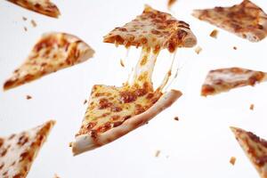 Slices of pizza with melted cheese are suspended in mid-air, showcasing their delicious toppings and stretchy cheese. The dynamic arrangement highlights the joy of pizza photo