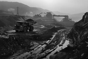 A massive truck loads coal in a remote quarry while mining equipment operates in the background. Overcast skies create a gloomy atmosphere in the early morning photo