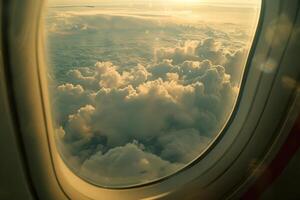Golden light filters through clouds as seen from an airplane window, creating a serene atmosphere during a twilight flight over the horizon photo