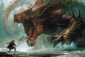A brave hero stands ready for battle against a massive dragon in a mystical setting. The scene captures the tension of this epic confrontation in a breathtaking environment photo