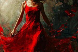 A dancer gracefully swirls in a flowing red dress, her movements causing splashes of color around her while a vibrant abstract backdrop enhances the artistic ambiance photo