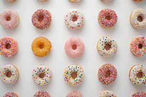 An array of donuts featuring colorful icing and toppings is arranged on a white surface, highlighting the diversity in flavors and designs, appealing to sweet treat lovers photo