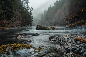 A tranquil river flows through a dense forest, surrounded by tall trees and mist. Smooth rocks peek through the water as the mist lingers, creating a captivating morning atmosphere photo