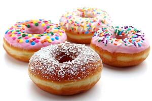 A delightful assortment of donuts features pink and white frosting, vibrant sprinkles, and a dusting of powdered sugar, creating a tempting and cheerful appearance photo