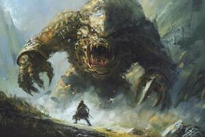 A massive creature towers over a lone warrior in a mystical landscape at dusk. The atmosphere is tense, filled with anticipation as they confront each other photo