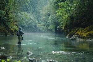 A fisherman stands knee-deep in clear water, casting his line in a forest river. The early morning mist mingles with vibrant greenery, creating a peaceful atmosphere photo
