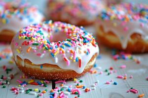 Delicious glazed donuts topped with vibrant sprinkles are arranged artfully on a rustic wooden table, inviting everyone to enjoy a sweet treat at any time of day photo