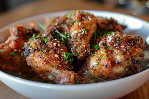 A generous serving of crispy chicken wings is garnished with fresh herbs and spices, presented in a white bowl on a rustic wooden table in a cozy restaurant setting photo