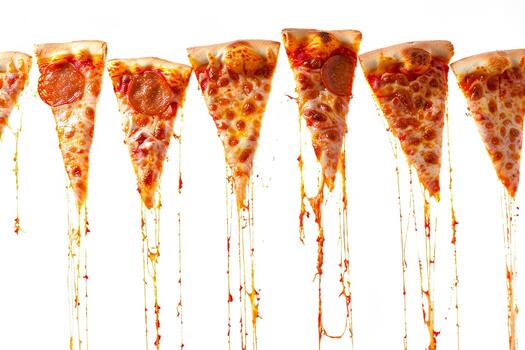 rebanado pepperoni Pizza es arreglado en un fila con instrumentos de cuerda de Derretido queso tracción desde cada pedazo, conjunto en contra un limpiar blanco fondo, enfatizando sus pegajoso textura foto