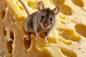 A curious brown mouse inspects a large wedge of cheese with holes, nestled in a warm kitchen. The sunlight illuminates the scene, enhancing its charm photo