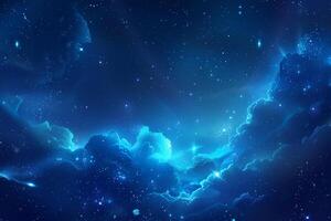 A breathtaking view features a starry night sky with vibrant blue clouds. Stars twinkle in the vast expanse, creating a serene and mystical atmosphere photo