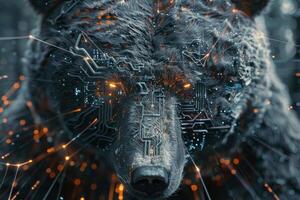 A bear stands majestically in a forest, its face adorned with glowing circuits and digital patterns, highlighting the fusion of wildlife and technology in a captivating way photo