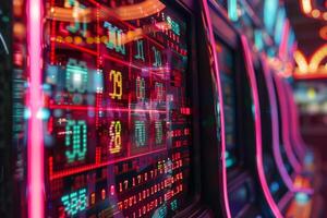 Bright neon lights illuminate slot machines filled with numerical displays and colorful symbols, creating an exciting and lively casino environment after dark photo