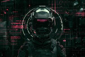 A futuristic soldier stands still, wearing an advanced helmet adorned with digital displays. The high-tech background features neon elements that create a sci-fi atmosphere photo