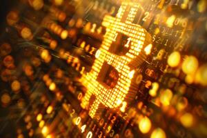 The artwork features a striking bitcoin logo illuminated in gold, surrounded by flowing binary code, symbolizing the cryptocurrency's influence and digital currency trends photo