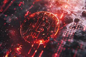The glowing Bitcoin symbol dominates a high-tech digital landscape filled with intricate circuitry and dynamic red highlights. This striking visual captures the essence of cryptocurrency innovation photo