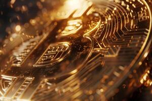 A shiny Bitcoin is captured in close-up, revealing its detailed design and gleaming surface. The soft lighting enhances the digital currency's shiny, metallic features in this modern representation photo