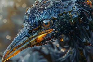 A bird struggles as it is covered in thick oil, showcasing the devastating impact of pollution on wildlife and marine ecosystems under natural light photo