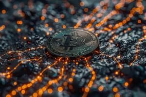 The image features a detailed Bitcoin placed on a textured background, surrounded by bright, glowing lines symbolizing a digital connection network, emphasizing cryptocurrency's presence photo