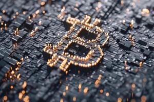 The glowing Bitcoin symbol stands out against a detailed digital landscape, showcasing a network of circuits and vibrant lights in a high-tech environment photo